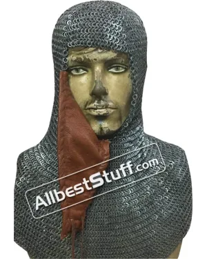 Flat Riveted alternating Solid Chain Mail Hood with Side ventail Coif